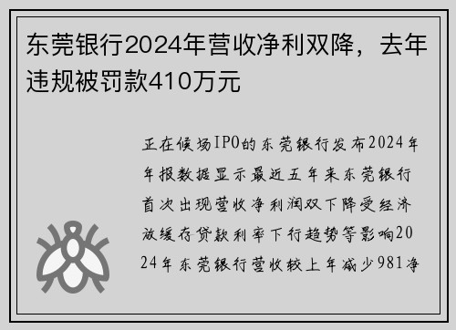 东莞银行2024年营收净利双降，去年违规被罚款410万元