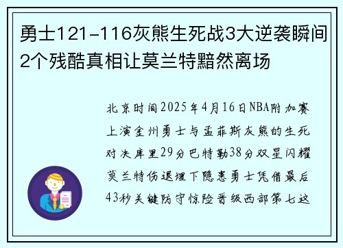 勇士121-116灰熊生死战3大逆袭瞬间2个残酷真相让莫兰特黯然离场